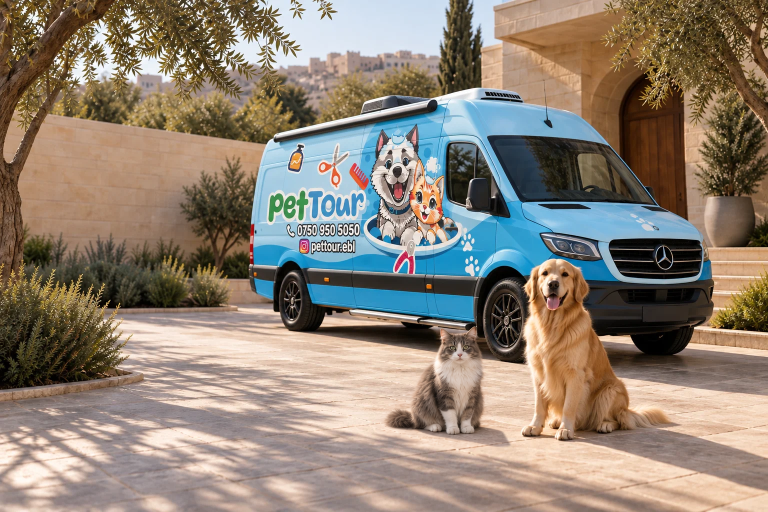 Blue Pet Tour van with a golden retriever and cat